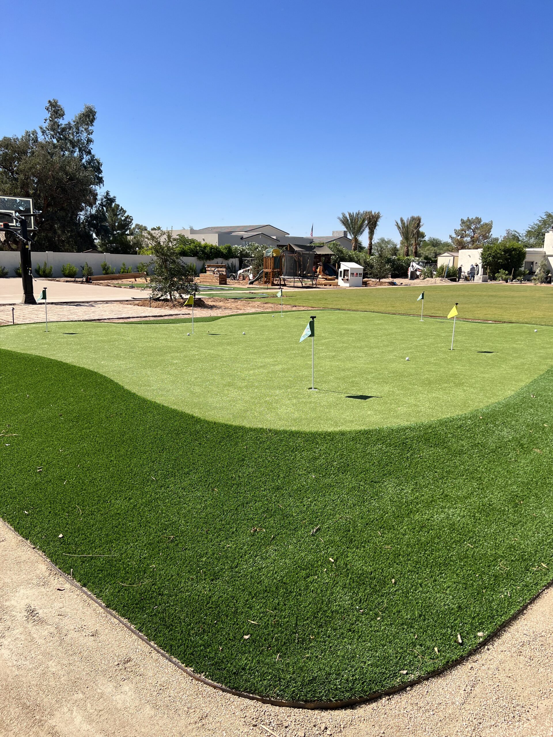 An outdoor view of a golf course with flag and golf balls.
