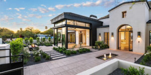 Pavilion with fountain and fire pit.